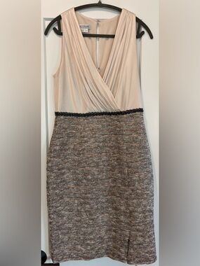 Kay Unger Blush and Brown Tweed Sleeveless Dress with Black Trim